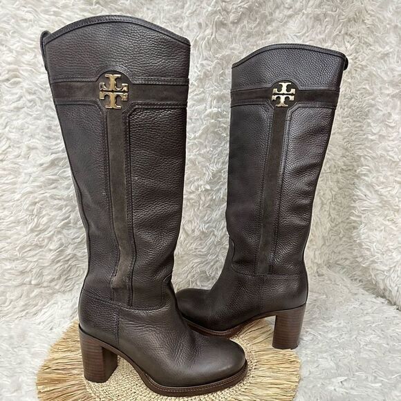Tory Burch Shoes - Tory Burch ALAINA Brown Pebbled Leather Tall Riding Chunky Block Heel Boots 8M